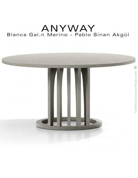 Table basse design ANYWAY, d'esprit déco, plateau Ø70 cm., structure bois massif de hêtre peint ciment.