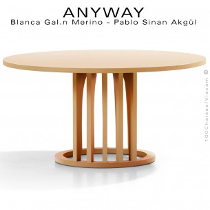 Table basse design ANYWAY, d'esprit déco, plateau Ø70 cm., structure bois massif de hêtre naturel vernis incolore.