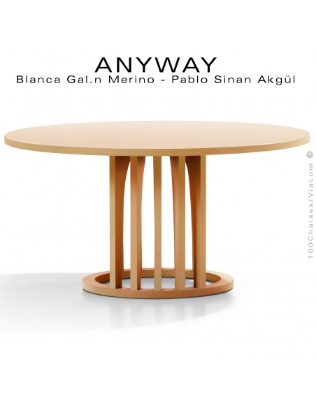 Table basse design ANYWAY, d'esprit déco, plateau Ø70 cm., structure bois massif de hêtre naturel vernis incolore.