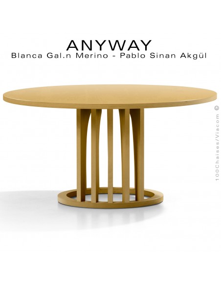 Table basse design ANYWAY, d'esprit déco, plateau Ø70 cm., structure bois massif de hêtre peint jaune.