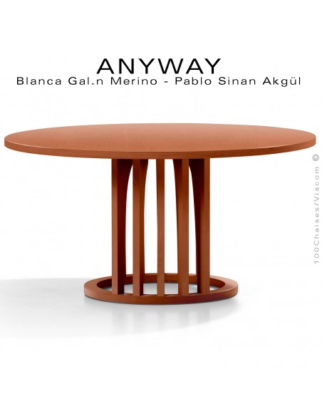 Table basse design ANYWAY, d'esprit déco, plateau Ø70 cm., structure bois massif de hêtre peint orange.