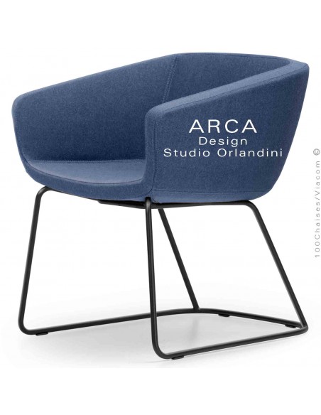Fauteuil d'attente ou domestique ARCA Mini, assise garnie de mousse, habillage couleur bleu gris, piétement luge noir.