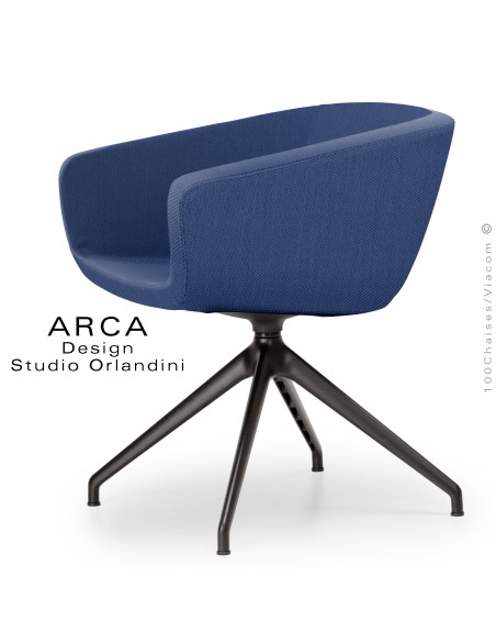 Fauteuil de bureau ARCA Mini, ou domestique, assise garnie, habillage tissu couleur bleu, piétement aluminium peint noir.