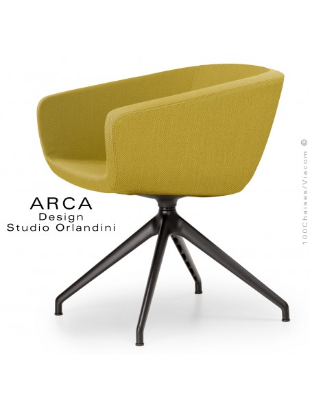 Fauteuil de bureau ARCA Mini, ou domestique, assise garnie, habillage tissu couleur jaune, piétement aluminium peint noir.