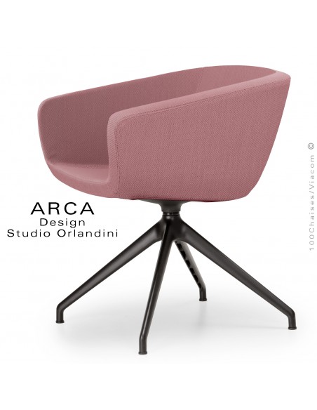 Fauteuil de bureau ARCA Mini, ou domestique, assise garnie, habillage tissu couleur rose, piétement aluminium peint noir.