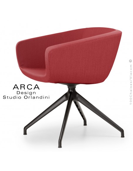 Fauteuil de bureau ARCA Mini, ou domestique, assise garnie, habillage tissu couleur rouge, piétement aluminium peint noir.