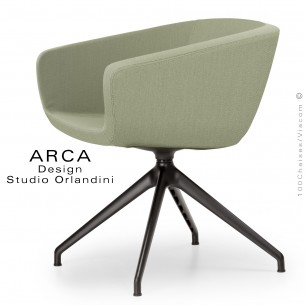 Fauteuil de bureau ARCA Mini, ou domestique, habillage tissu couleur vert clair, piétement aluminium peint noir.