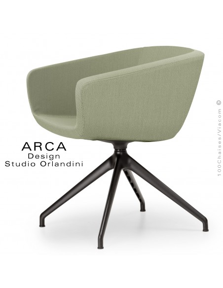 Fauteuil de bureau ARCA Mini, ou domestique, habillage tissu couleur vert clair, piétement aluminium peint noir.