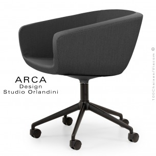 Fauteuil de bureau ARCA Mini, ou domestique, assise garnie, habillage tissu noir, piétement aluminium avec roulettes.