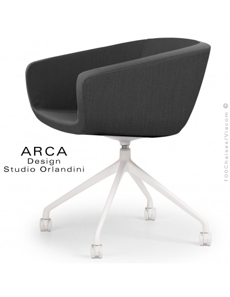 Fauteuil de bureau ARCA Mini, ou domestique, assise pivotante, habillage tissu noir, piétement avec roulettes blanc.