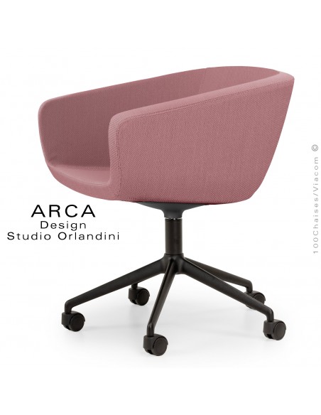 Fauteuil de bureau ARCA Mini, ou domestique, assise garnie, habillage tissu rose, piétement aluminium avec roulettes.