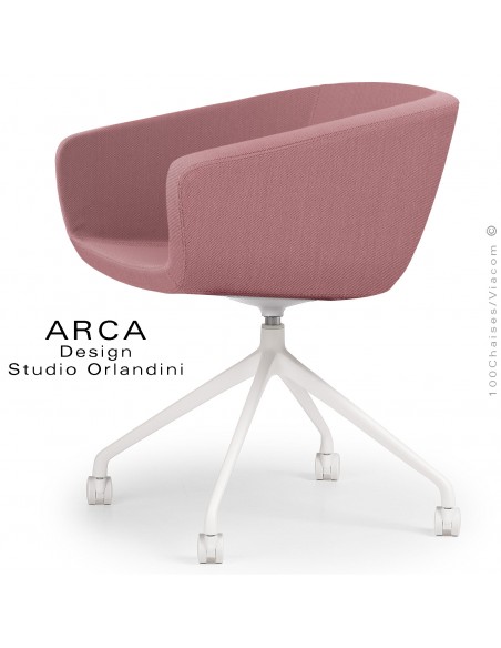 Fauteuil de bureau pivotant ARCA Mini, ou domestique, habillage tissu rose, piétement plastique blanc avec roulettes.