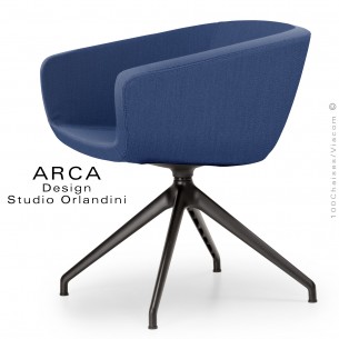 Fauteuil de bureau ARCA Mini, ou domestique, assise pivotante, habillage tissu bleu gris, piétement aluminium peint noir.