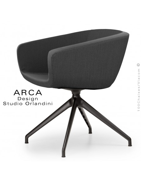 Fauteuil de bureau ARCA Mini, ou domestique, assise pivotante, habillage tissu noir, piétement aluminium peint noir.