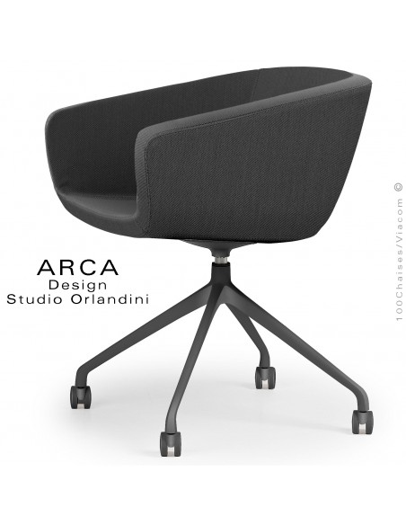 Fauteuil de bureau pivotant ARCA Mini, ou domestique, habillage tissu noir, piétement plastique noir avec roulettes.