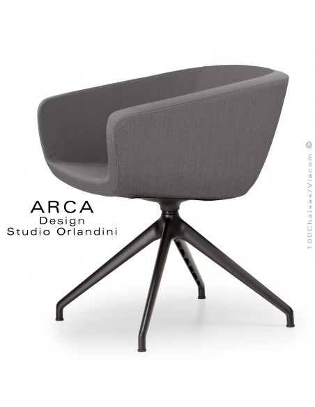 Fauteuil de bureau ARCA Mini, ou domestique, assise pivotante, habillage tissu tabac, piétement aluminium peint noir.