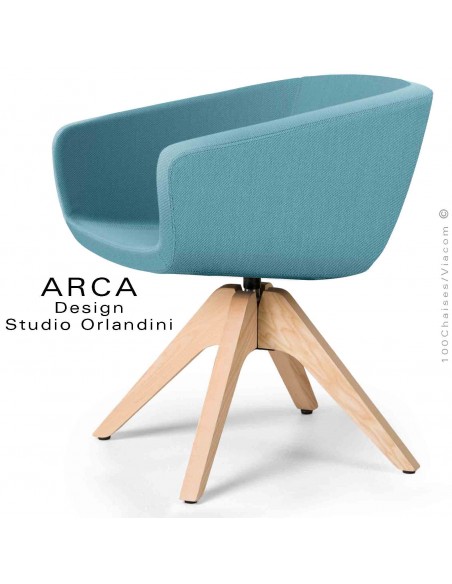 Fauteuil pivotant ARCA Mini, pour bureau ou domestique, assise tissu 100% polyester, couleur bleu lagon piétement bois.