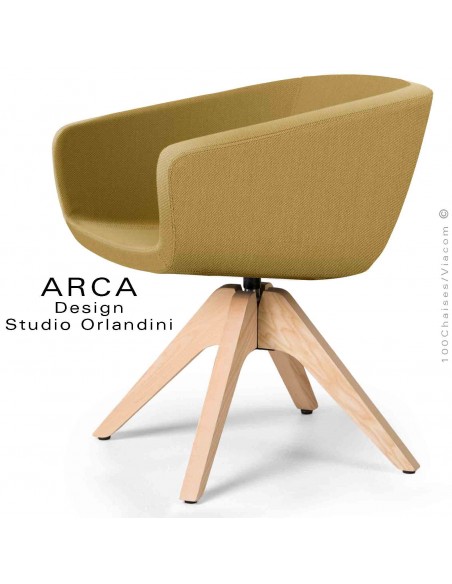 Fauteuil pivotant ARCA Mini, pour bureau ou domestique, assise tissu 100% polyester, couleur jaune OR piétement bois.