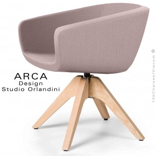 Fauteuil pivotant ARCA Mini, pour bureau ou domestique, assise tissu 100% polyester, couleur rose pâle, piétement bois.