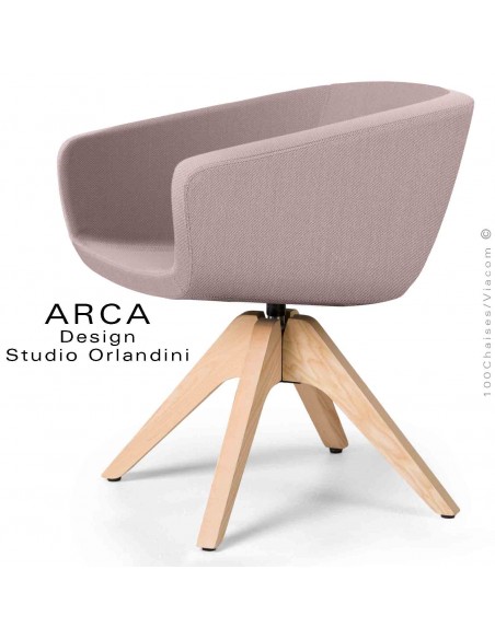 Fauteuil pivotant ARCA Mini, pour bureau ou domestique, assise tissu 100% polyester, couleur rose pâle, piétement bois.