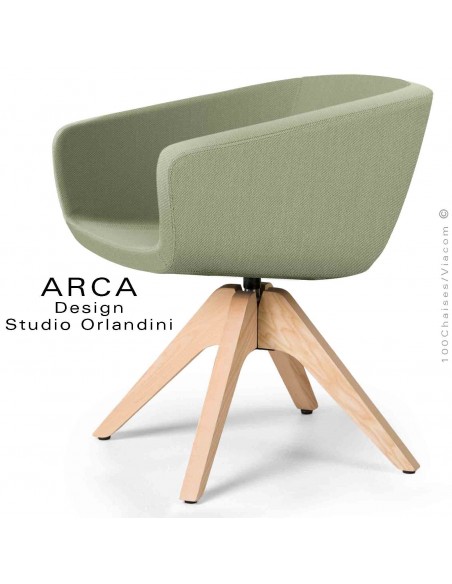 Fauteuil pivotant ARCA Mini, pour bureau ou domestique, assise tissu 100% polyester, couleur vert pâle piétement bois.