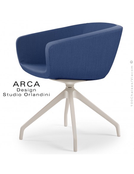 Fauteuil de bureau ARCA Mini, ou domestique, assise pivotante, habillage tissu bleu gris, piétement plastique blanc.
