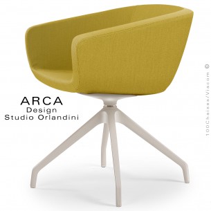 Fauteuil de bureau ARCA Mini, ou domestique, assise pivotante, habillage tissu jaune soleil, piétement plastique blanc.