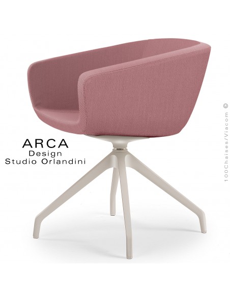 Fauteuil de bureau ARCA Mini, ou domestique, assise pivotante, habillage tissu rose, piétement plastique blanc.
