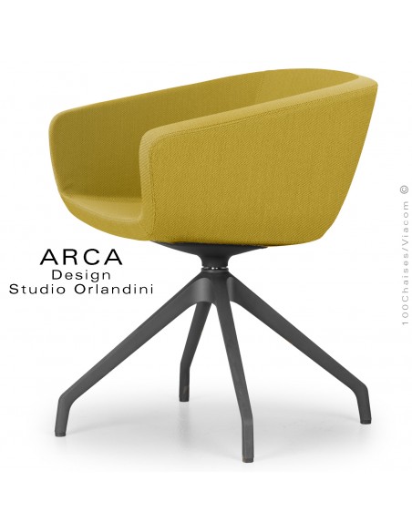 Fauteuil de bureau ARCA Mini, ou domestique, assise pivotante, habillage tissu jaune soleil, piétement plastique noir.