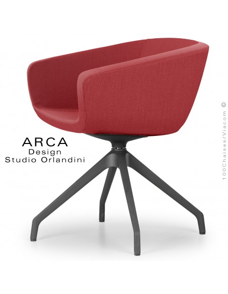 Fauteuil de bureau ARCA Mini, ou domestique, assise pivotante, habillage tissu rouge, piétement plastique noir.
