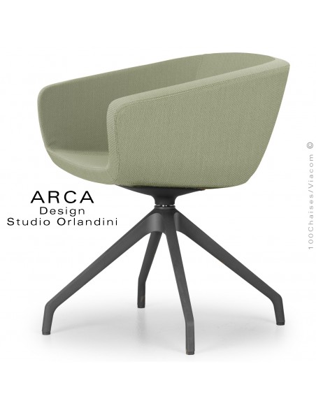 Fauteuil de bureau ARCA Mini, ou domestique, assise pivotante, habillage tissu vert pâle piétement plastique noir.