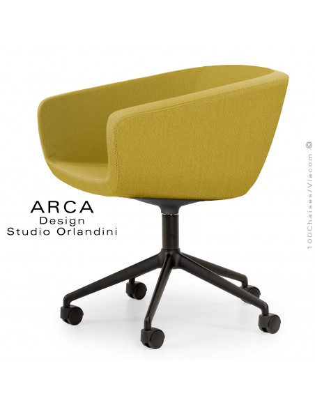 Fauteuil de bureau ARCA Mini, ou domestique, assise tissu couleur jaune soleil, piétement aluminium noir avec roulettes.