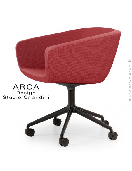 Fauteuil de bureau ARCA Mini, ou domestique, assise tissu couleur rouge, piétement aluminium noir avec roulettes.