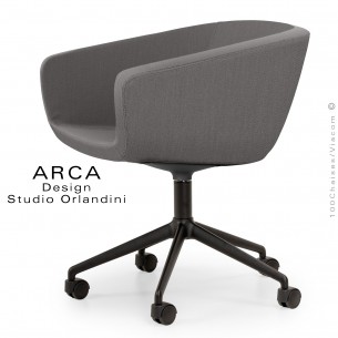 Fauteuil de bureau ARCA Mini, ou domestique, assise tissu couleur tabac, piétement aluminium noir avec roulettes.
