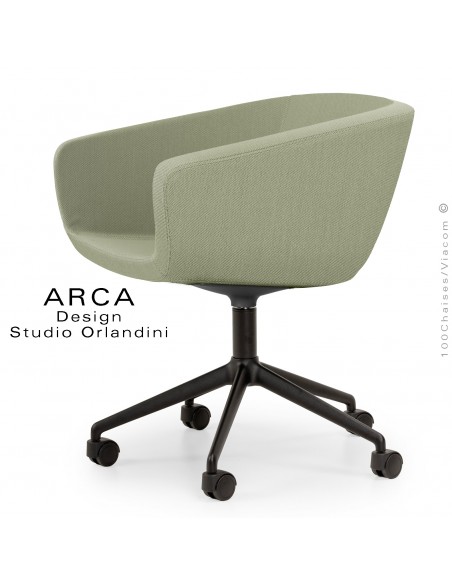 Fauteuil de bureau ARCA Mini, ou domestique, assise tissu couleur vert pâle, piétement aluminium noir avec roulettes.