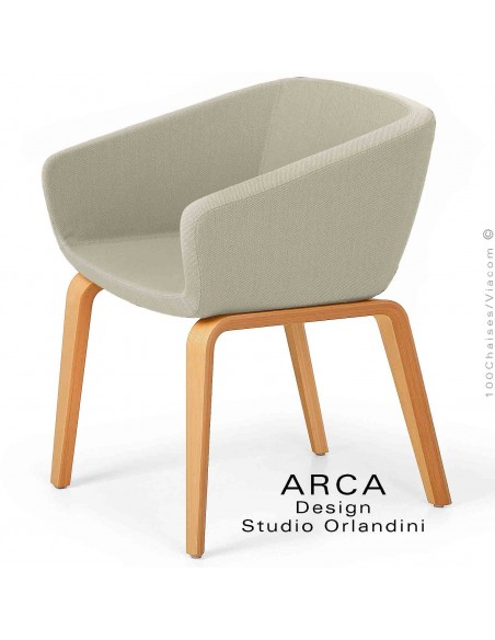 Fauteuil CHR ou domestique ARCA Mini, assise tissu couleur jaune paille, piétement 4 pieds bois de Frêne vernis.