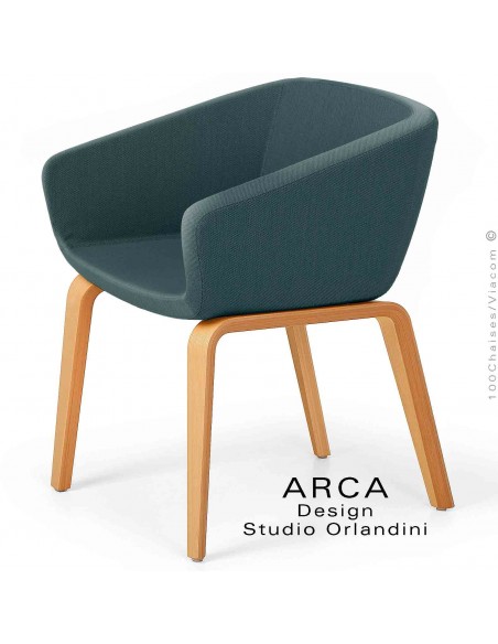 Fauteuil CHR ou domestique ARCA Mini, assise tissu couleur vert bouteille, piétement 4 pieds bois de Frêne vernis.