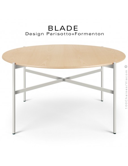 Table ronde minimaliste design BLADE, plateau Ø140 et 160 cm., plateau Frêne, piétement tube d'acier peint blanc.