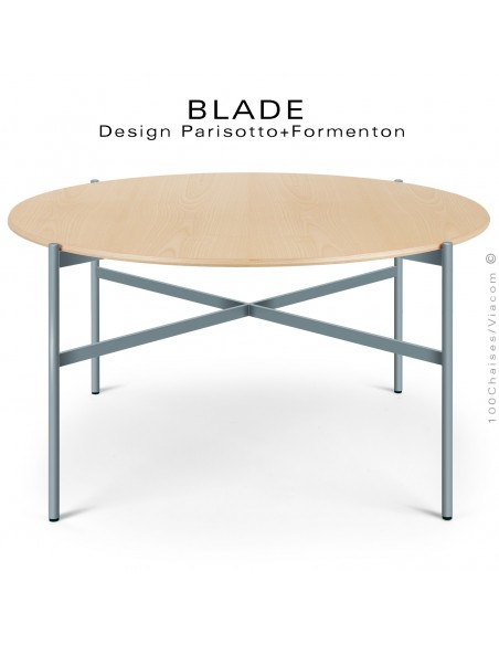 Table ronde minimaliste design BLADE, plateau Ø140 et 160 cm., plateau Frêne, piétement tube d'acier peint bleu pétrole.