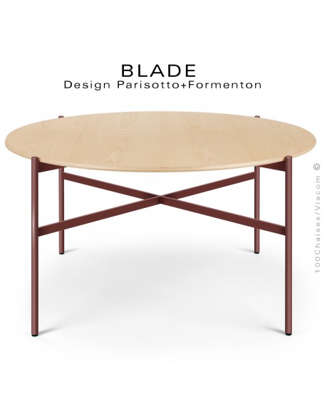 Table ronde minimaliste design BLADE, plateau Ø140 et 160 cm., plateau Frêne, piétement tube d'acier peint bordeaux.