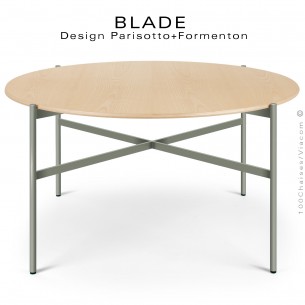 Table ronde minimaliste design BLADE, plateau Ø140 et 160 cm., plateau Frêne, piétement tube d'acier peint gris.