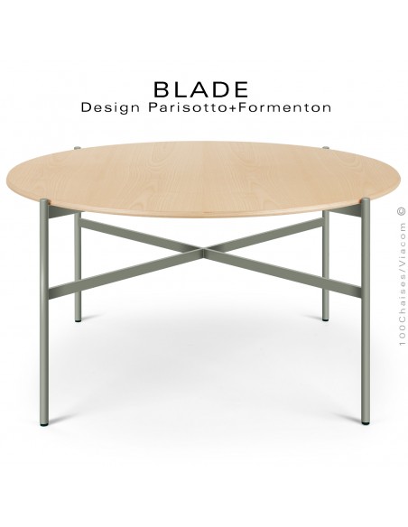 Table ronde minimaliste design BLADE, plateau Ø140 et 160 cm., plateau Frêne, piétement tube d'acier peint gris.