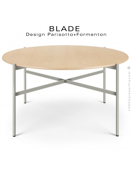 Table ronde minimaliste design BLADE, plateau Ø140 et 160 cm., plateau Frêne, piétement tube d'acier peint ciment.