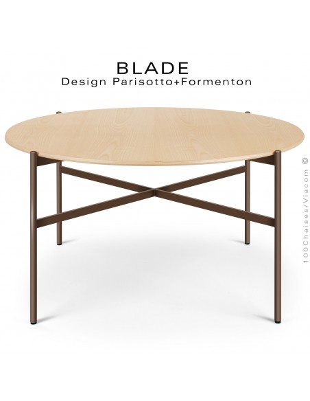 Table ronde minimaliste design BLADE, plateau Ø140 et 160 cm., plateau Frêne, piétement tube d'acier peint marron.