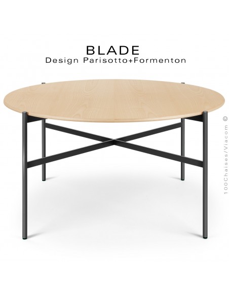 Table ronde minimaliste design BLADE, plateau Ø140 et 160 cm., plateau Frêne, piétement tube d'acier peint noir.