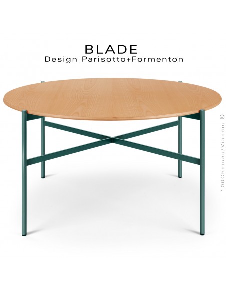 Table ronde minimaliste design BLADE, plateau Ø140 et 160 cm., plateau Chêne, piétement tube d'acier peint vert bouteille.