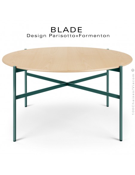 Table ronde minimaliste design BLADE, plateau Ø140 et 160 cm., plateau Frêne, piétement tube d'acier peint vert bouteille.