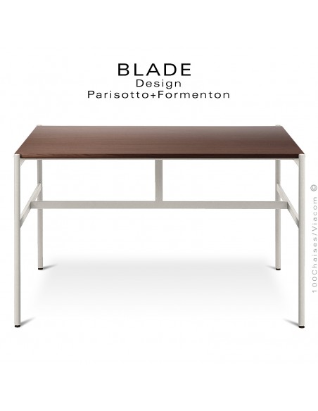 Table carré minimaliste design BLADE, plateau 145x145 cm., Chêne foncé, piétement tube d'acier peint blanc.