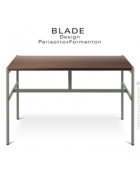 Table carré minimaliste design BLADE, plateau 145x145 cm., Chêne foncé, piétement tube d'acier peint ciment.