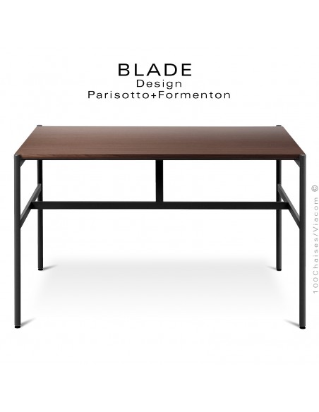 Table carré minimaliste design BLADE, plateau 145x145 cm., Chêne foncé, piétement tube d'acier peint noir.